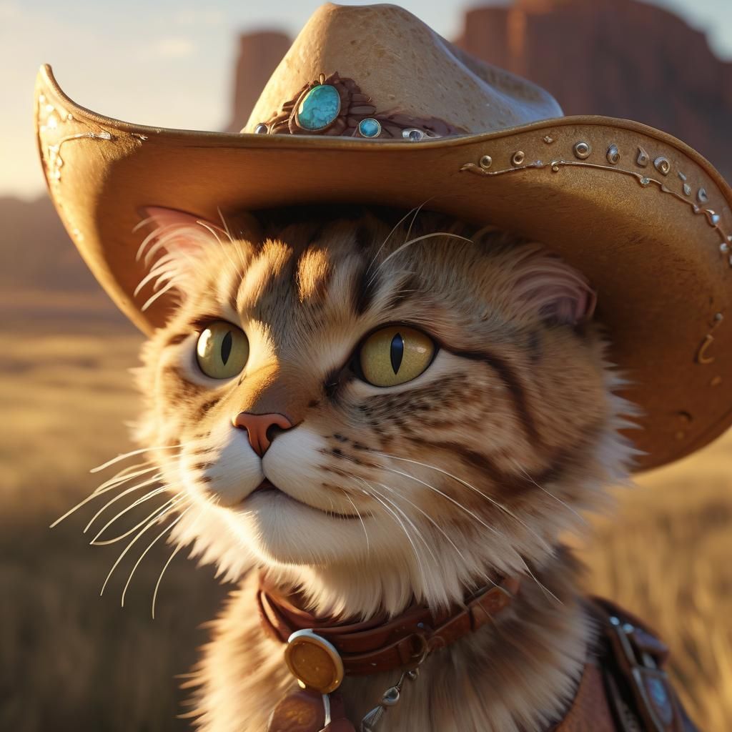 Photorealistic Cowgirl Cat Portrait in Pixar Style