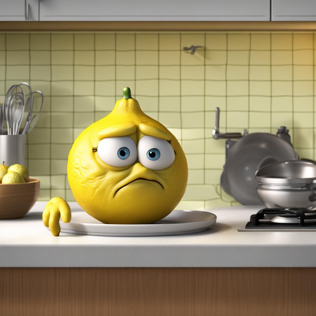 Grumpy Lemon Cartoon on Kitchen Counter