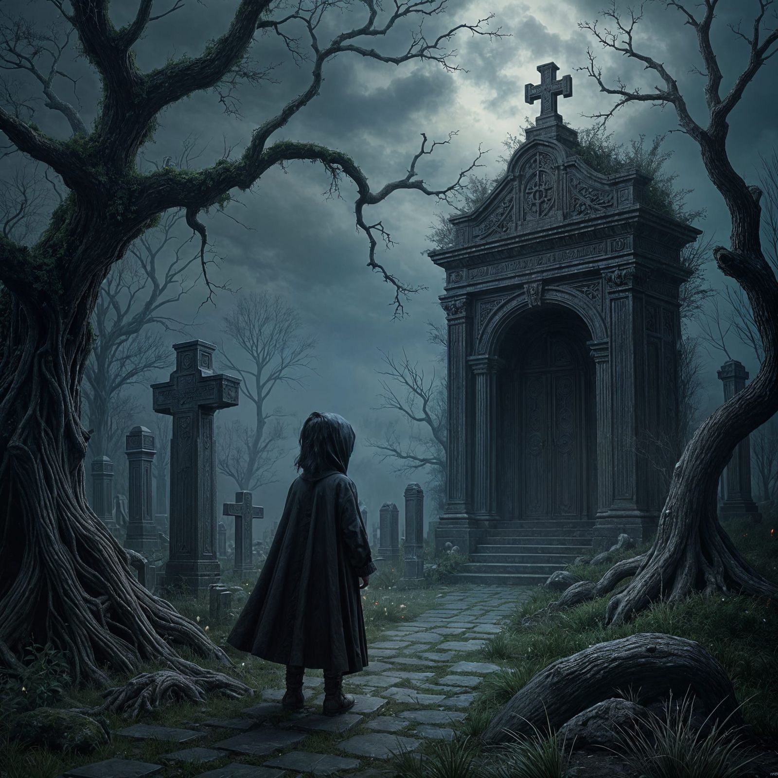 Sinister Cemetery at Night: Matte Painting