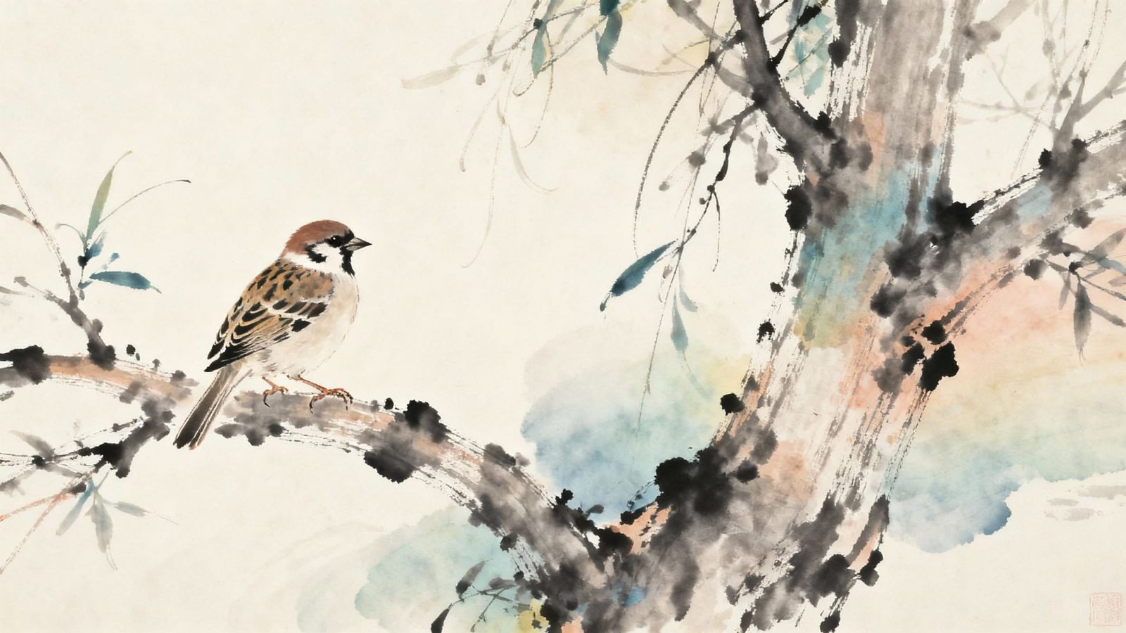 Japanese Ink Art Sparrow in Tree