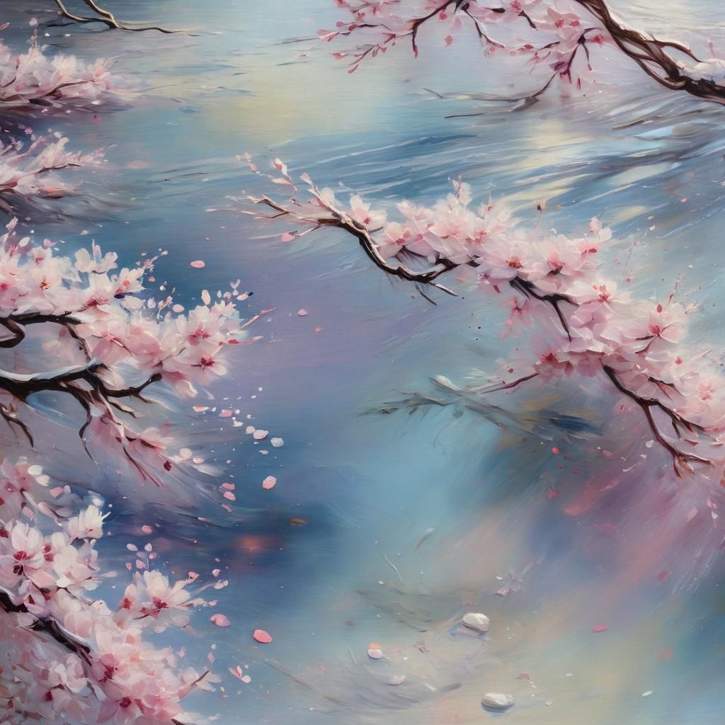 Impressionist Cherry Blossoms on Frozen Stream