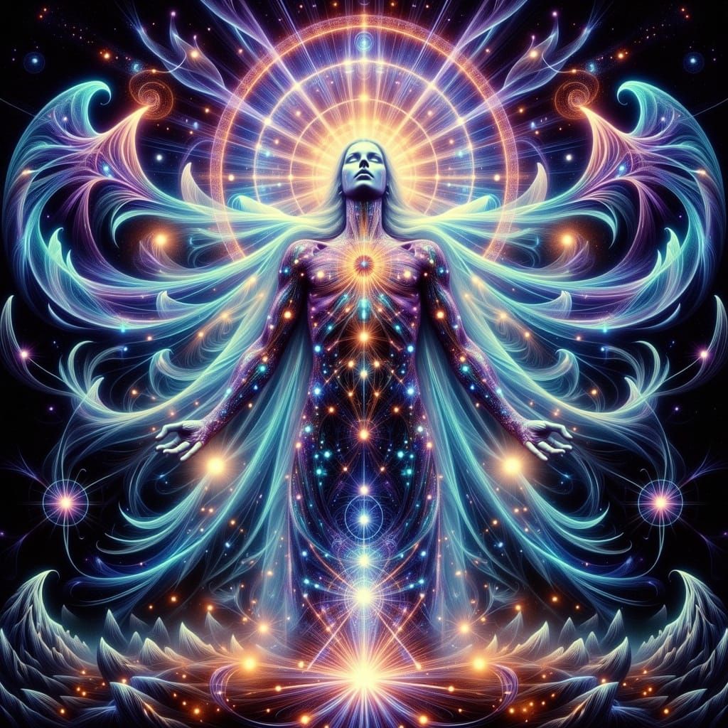 Ethereal Third Eye Figure in Geometric Reflections