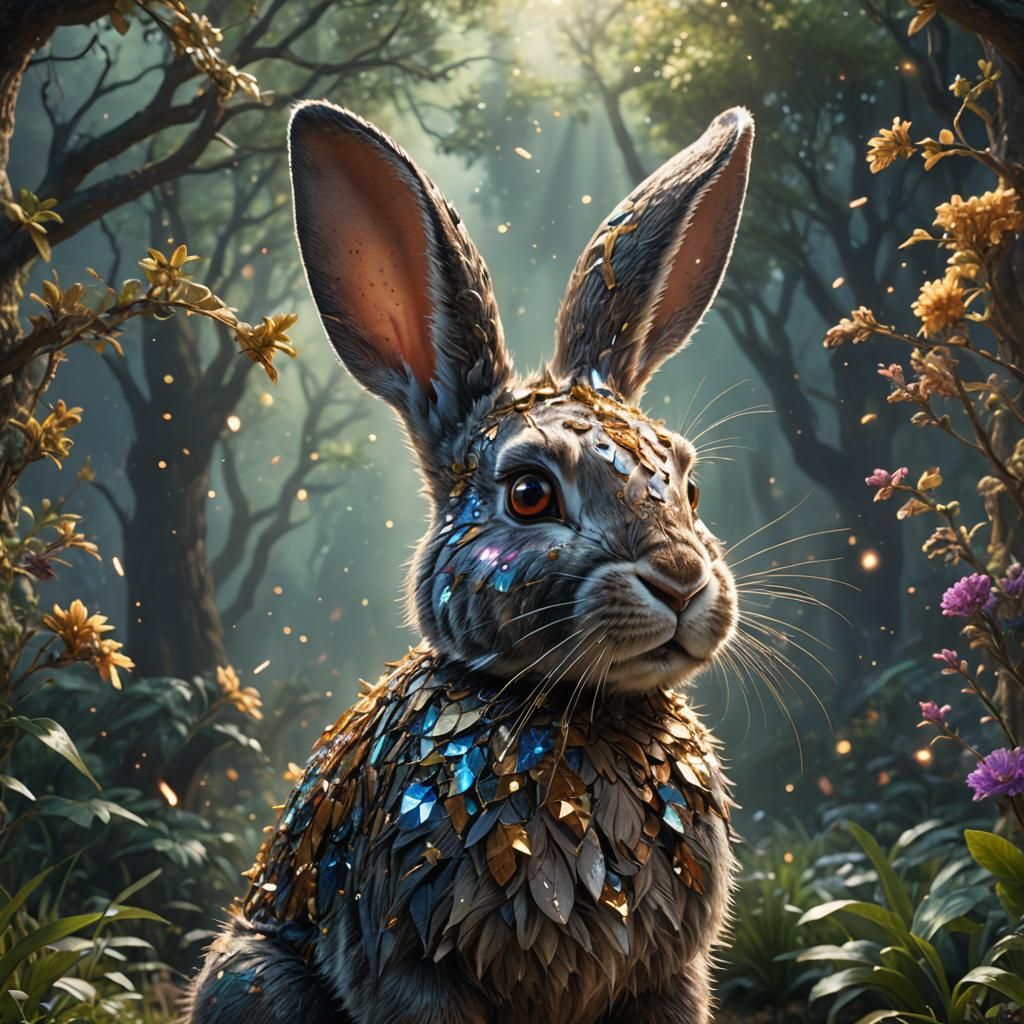 Mystical Rabbit with Sparkles, Detailed Fantasy Art