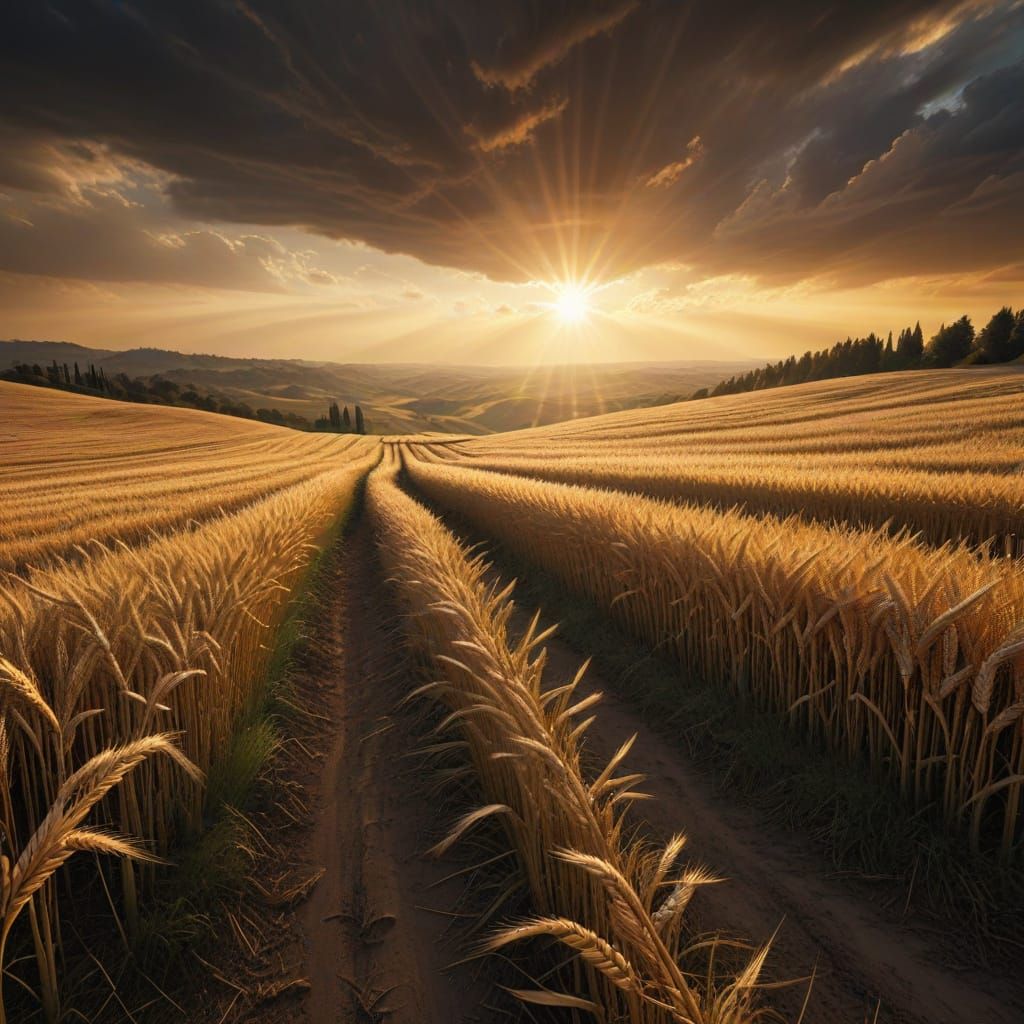 Golden Wheat Field at Sunset With Pathway