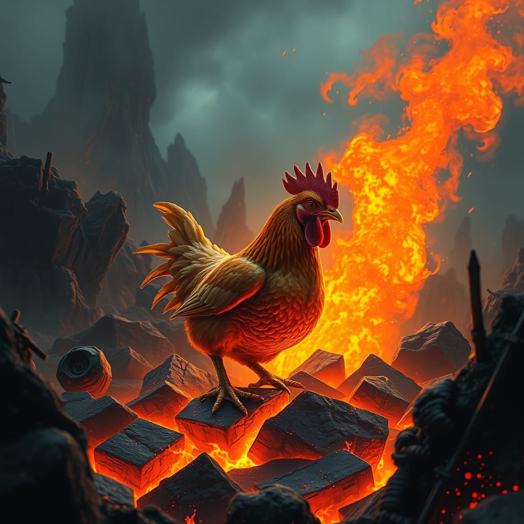 Glowing Lava-Engulfed Chicken in Cyberpunk Landscape