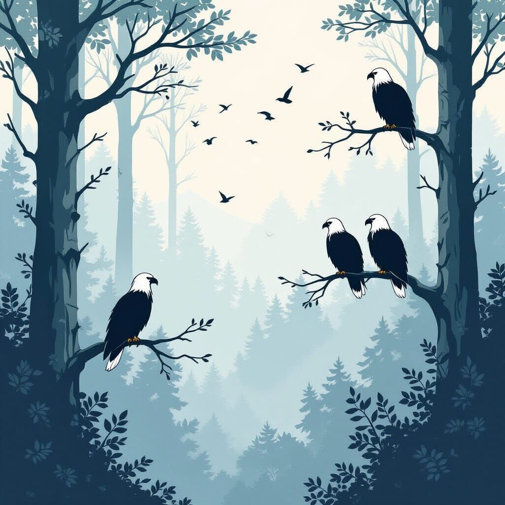 Eagles in Misty Forest: Intricate Line Art
