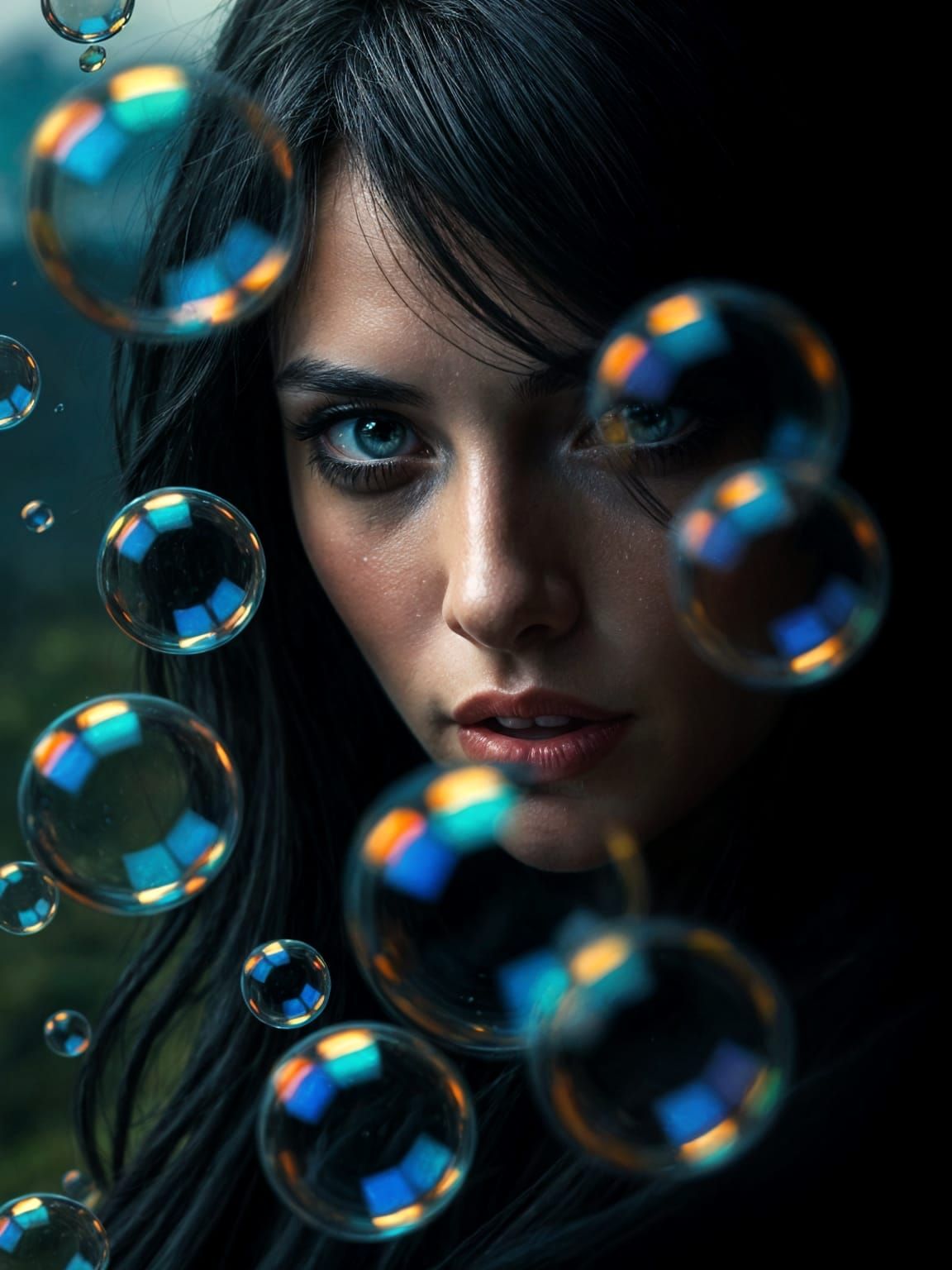 Surreal Portrait of Woman with Bubbles in Chiaroscuro