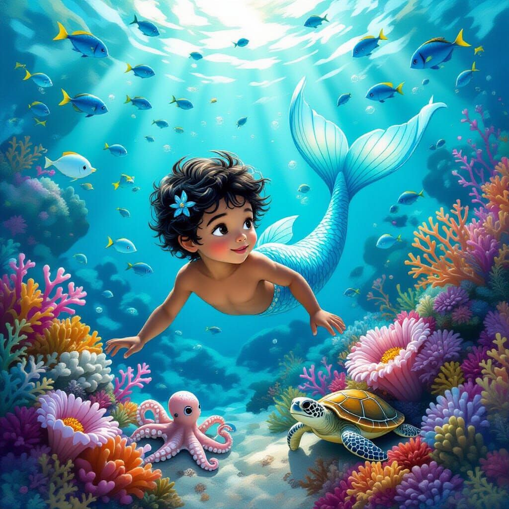Mermaid Boy's Coral Reef Adventure: Dreamy Fantasy Scene