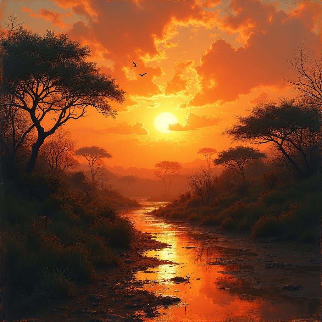 African Sunrise by James Gurney, Jeremy Mann, Greg Rutkowski, Wadim Kashin, Carne Griffiths, intricate, ...