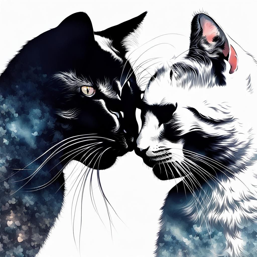 Romantic Cats Kissing Double Exposure Illustration