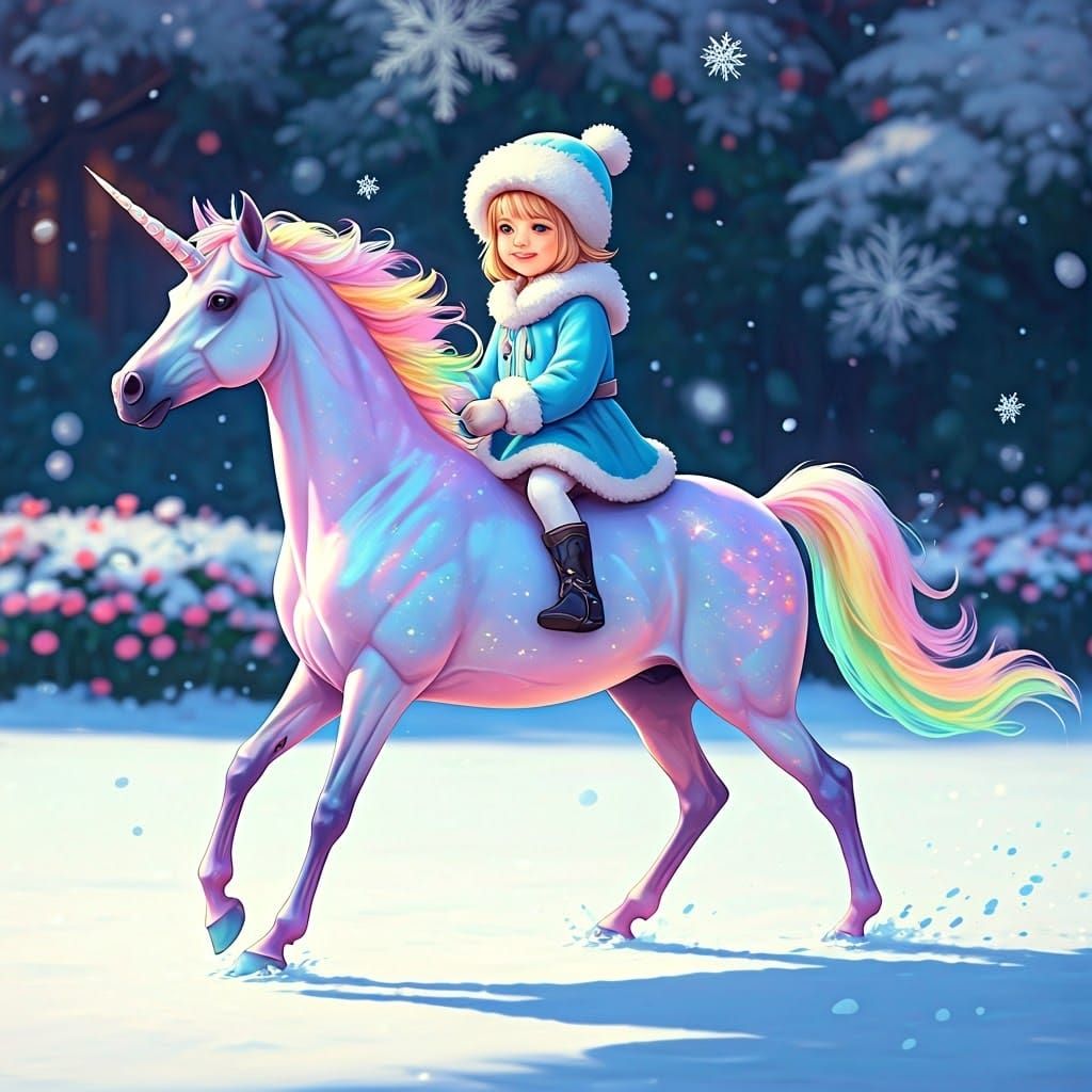 Whimsical Unicorn Ride in Snowy Wonderland with Anime-Inspir...