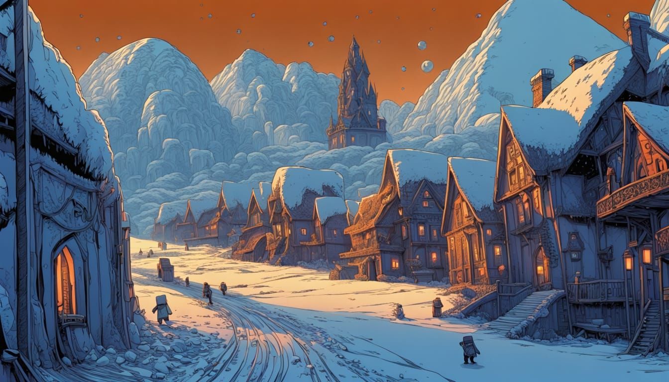 Snowy Minecraft Village: Digital Matte Painting
