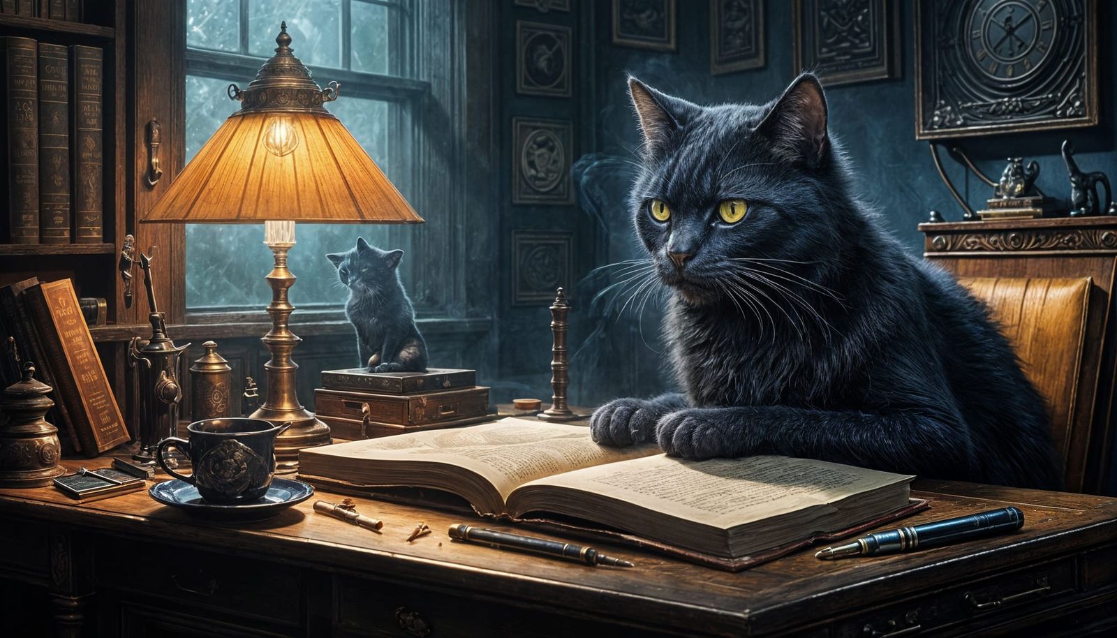 Mysterious Steampunk Cat Writer in the Shadows