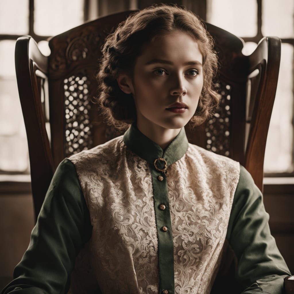 Elegant Young Woman in Ornate Chair, Photorealistic Portrait