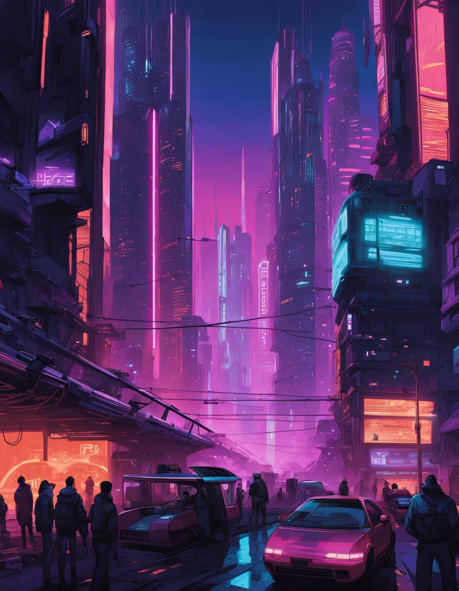 Cyberpunk Cityscape at Night with Neon Lights