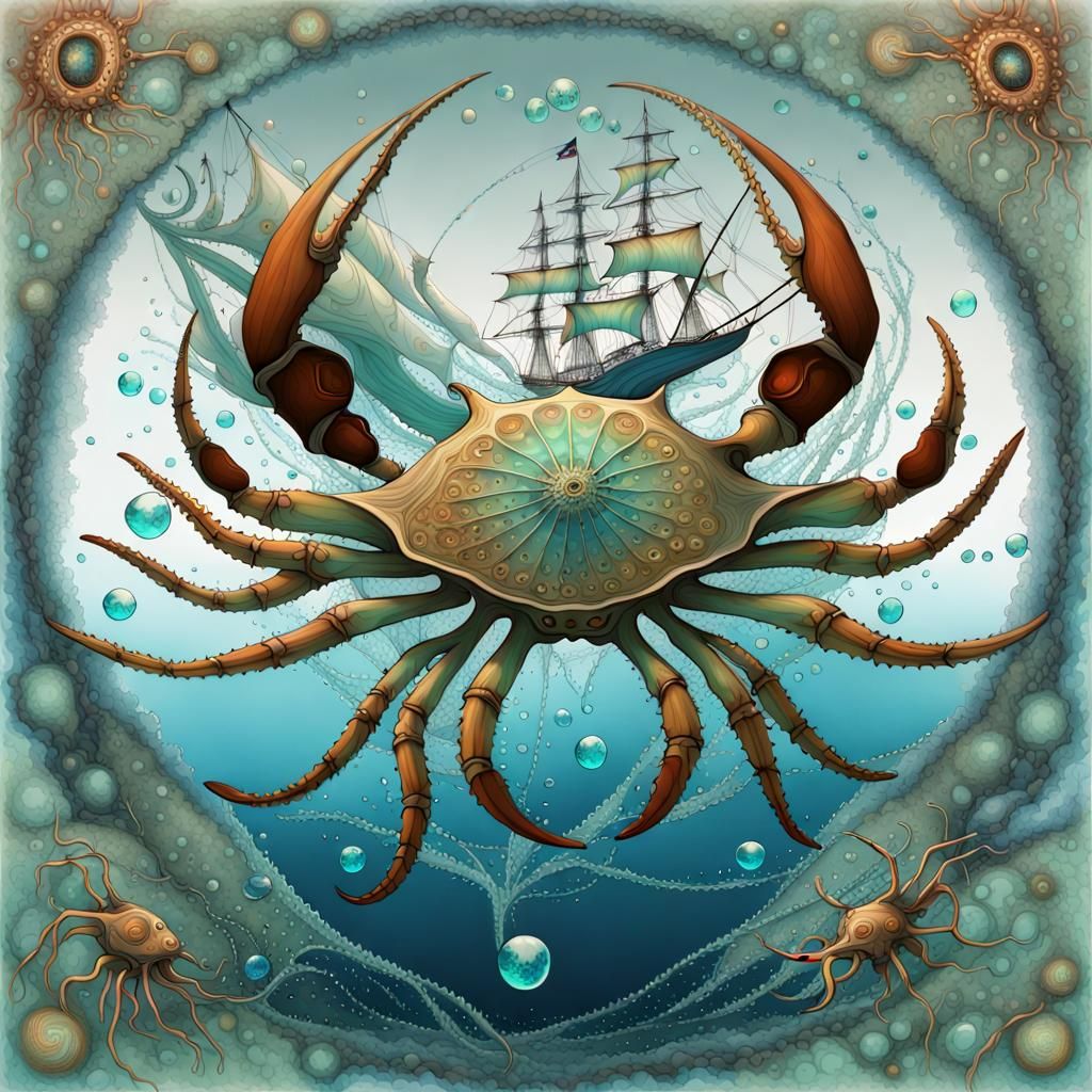 Surreal Octocrab Fractal Seascape with Sailing Ship