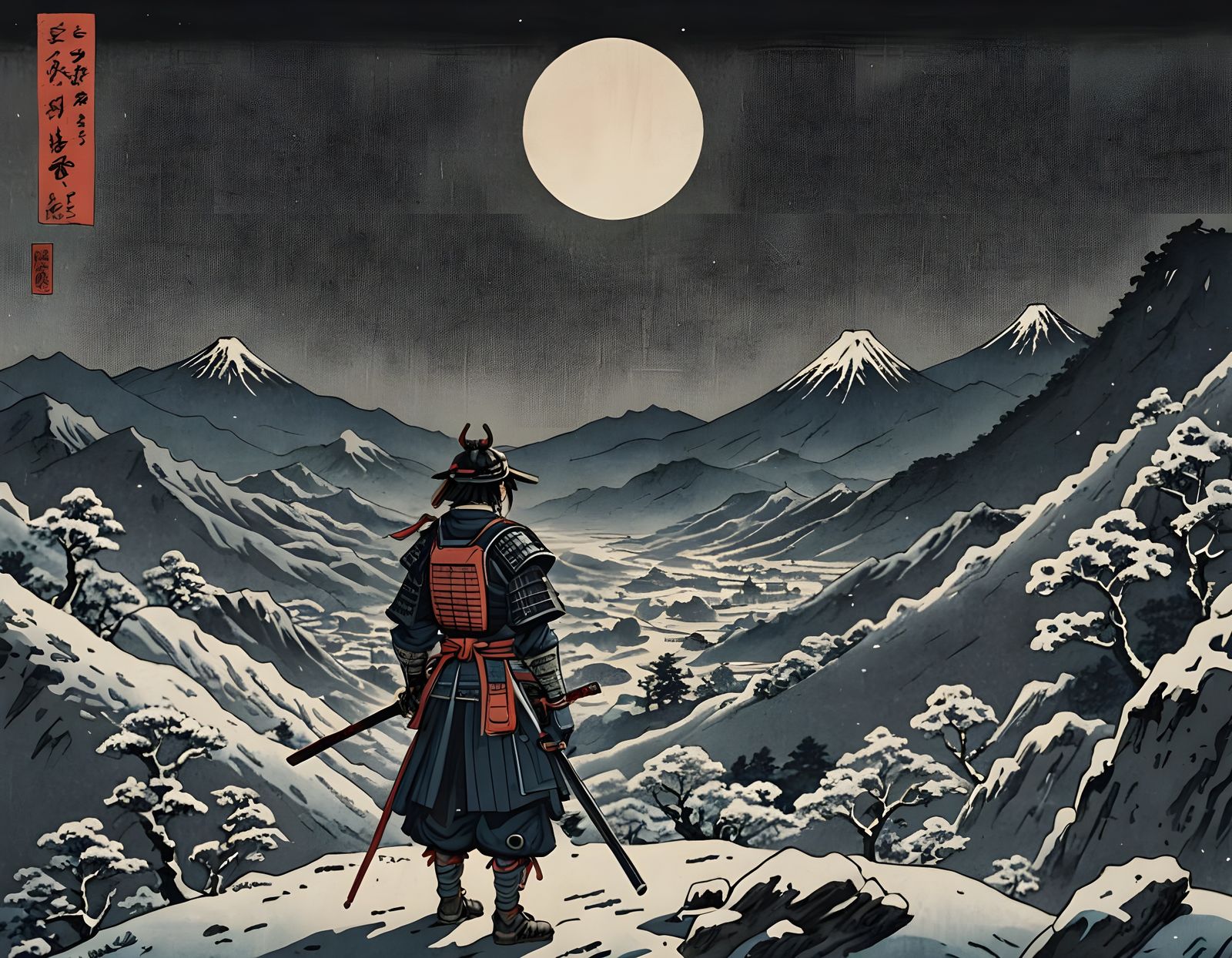 Grimdark Samurai in Desolate Mountain Landscape