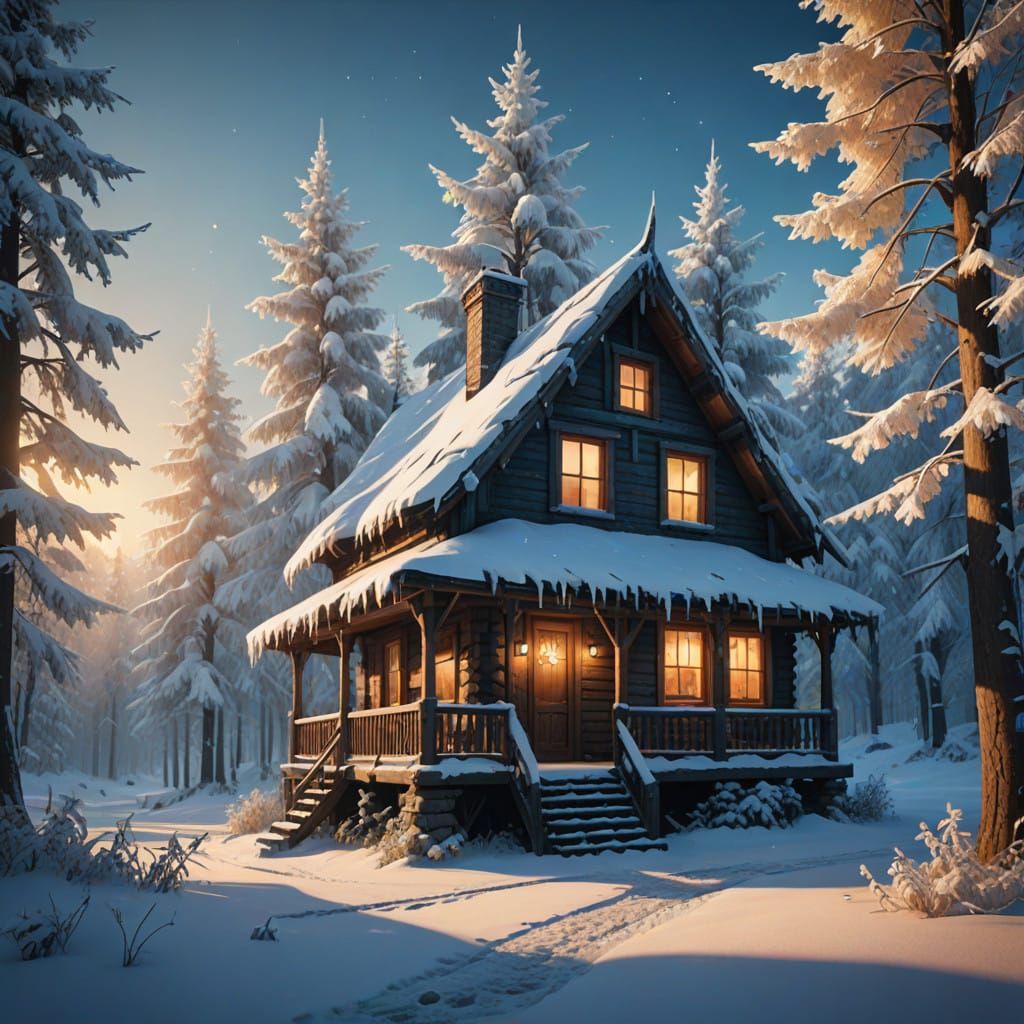 Enchanted Winter Cabin Amidst Frosty Trees