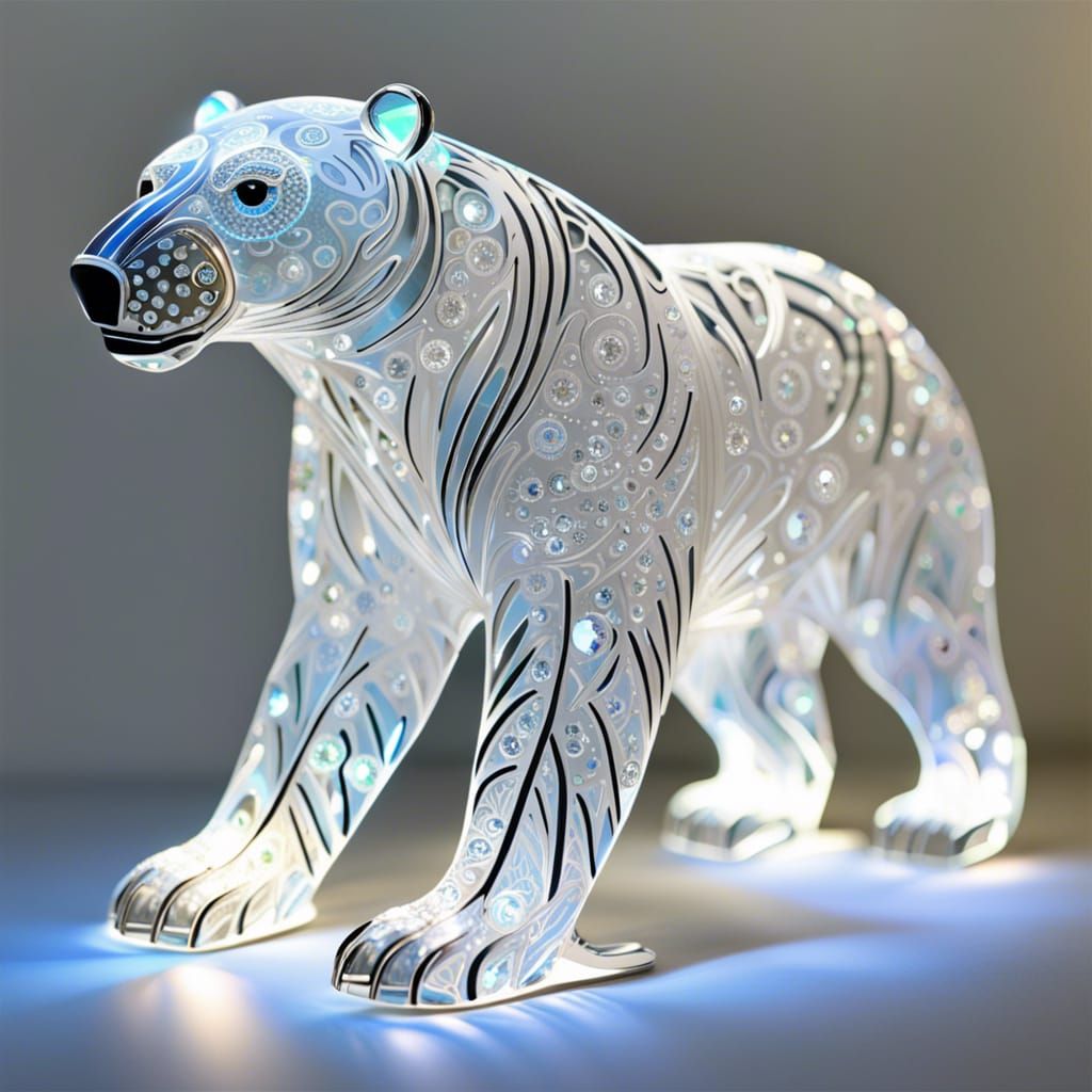 Luminescent Icy Polar Bear with Crystal Filigree