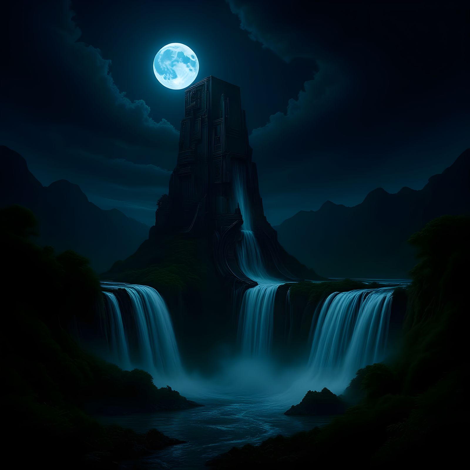 Majestic Waterfall with Alien Monolith in Rainforest