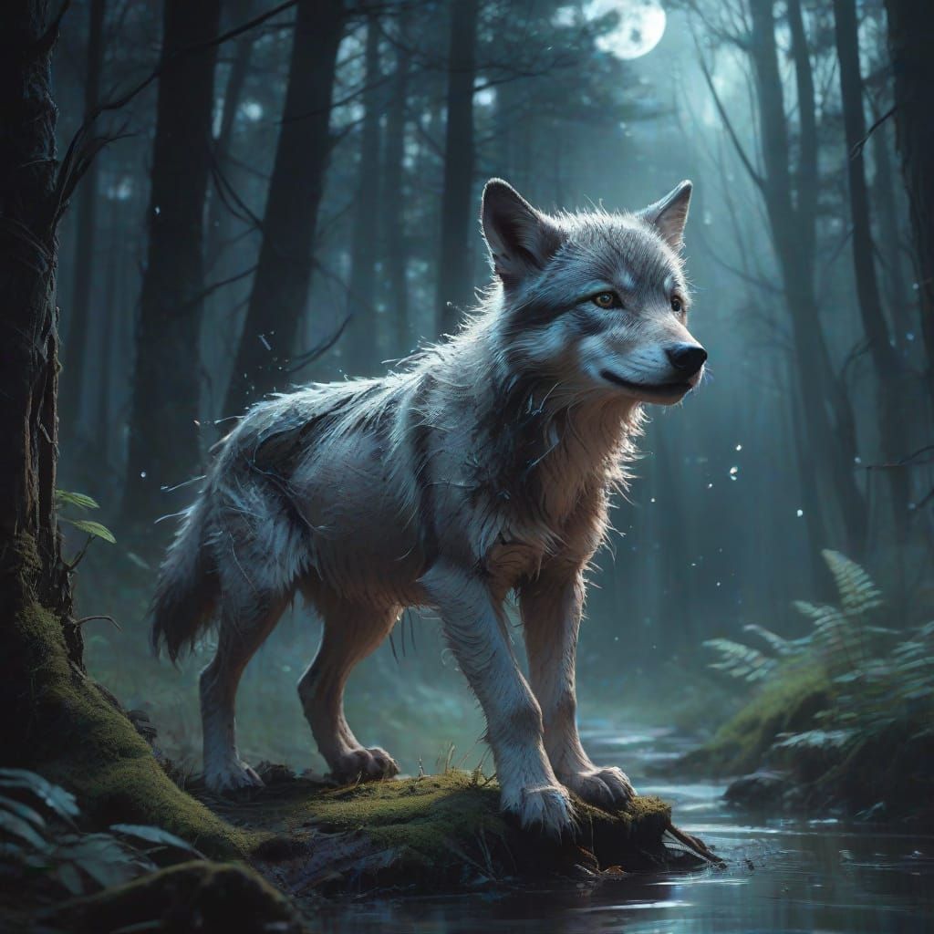 Moonlit Wolf Pup in Ethereal Woodland Scene