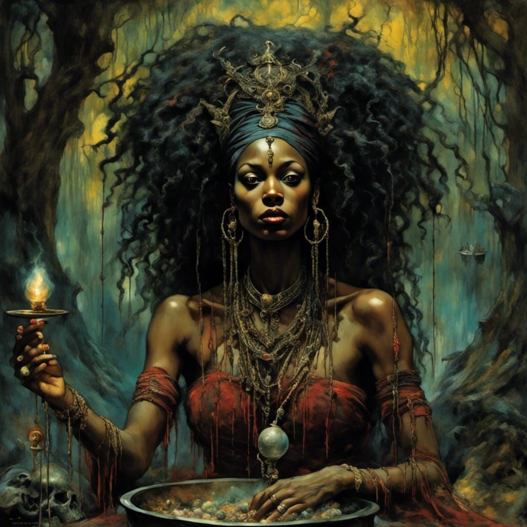 Voodoo Priestess with Cauldron in Rich Colors
