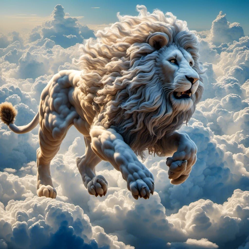 Lion Leaping Through Clouds
