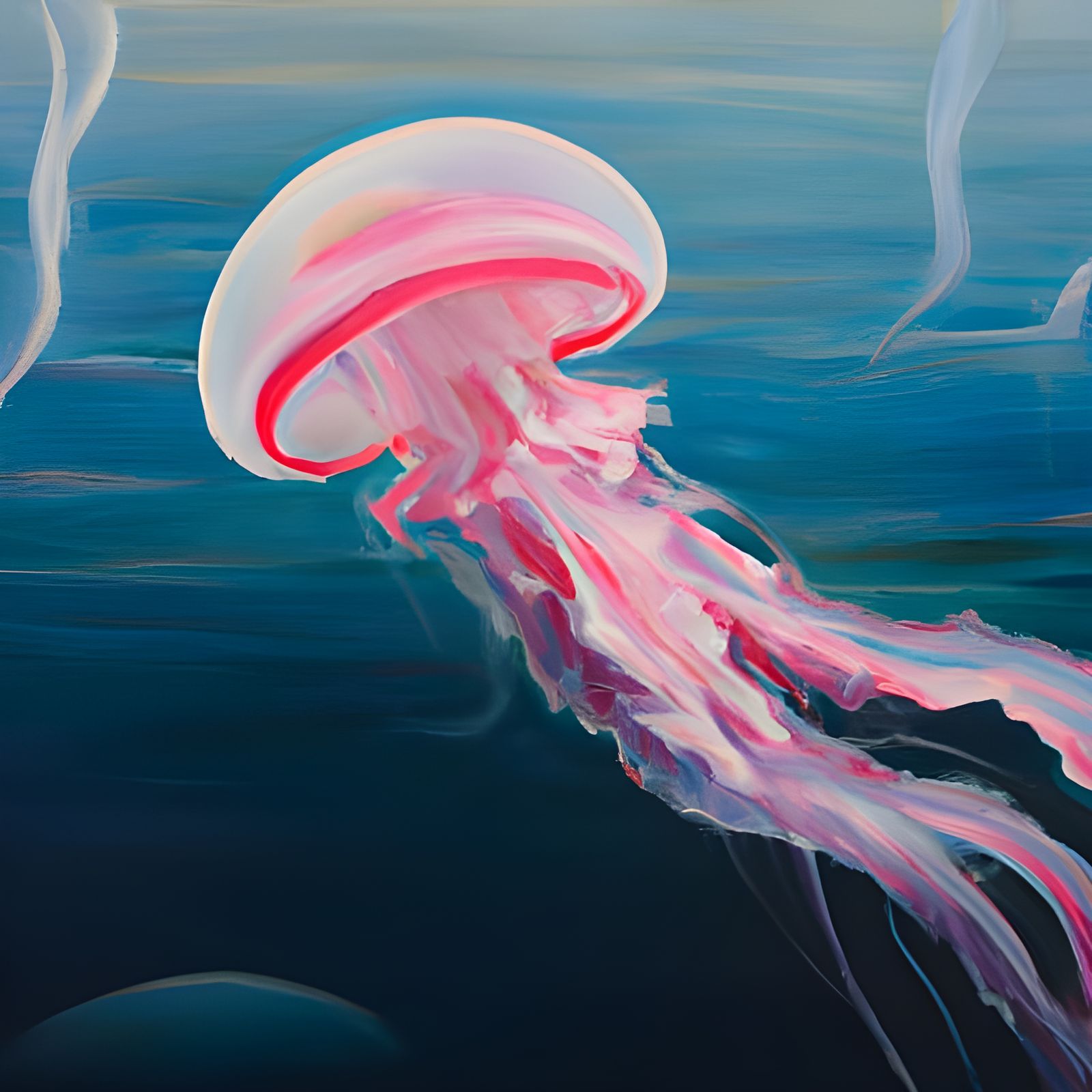 Pink Jellyfish in Ocean: Oil Painting