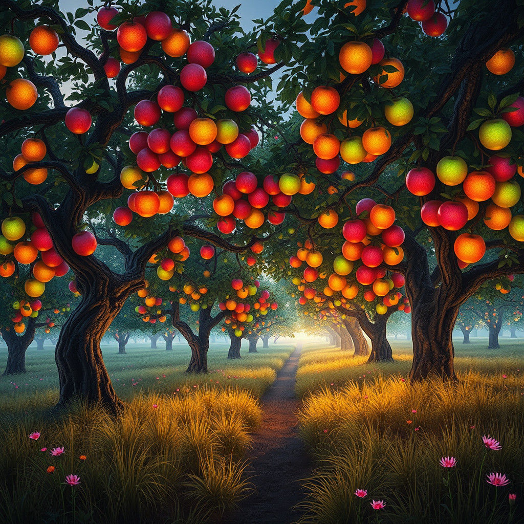 Jewel-Toned Orchard at Twilight in Dreamlike Landscape