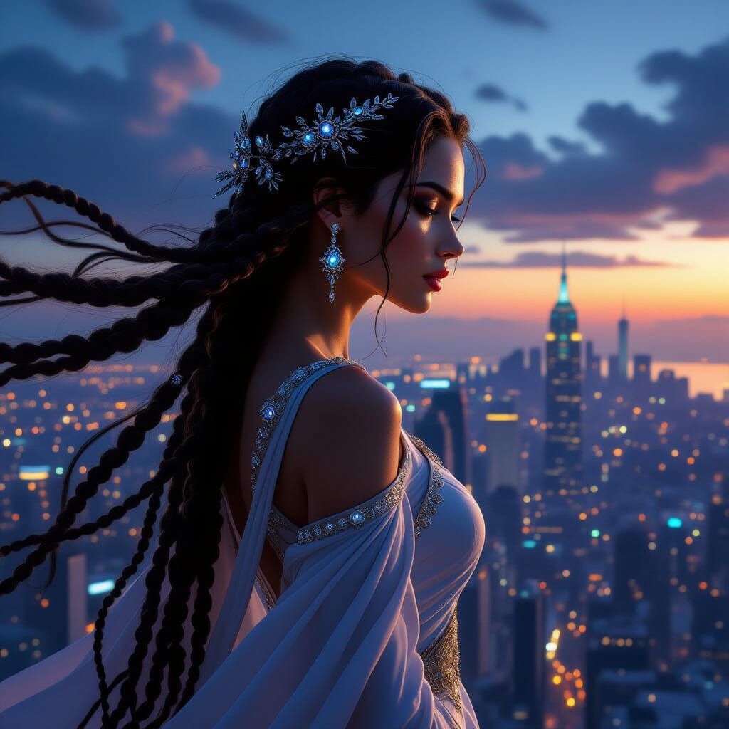Regal Goddess Overlooking Futuristic City at Dusk