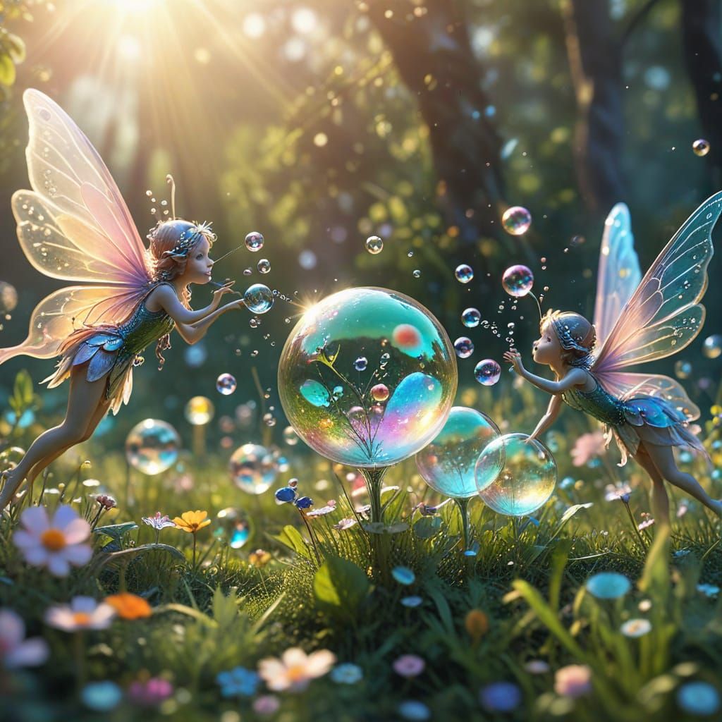 Fairies Blowing Bubbles in Lush Meadow
