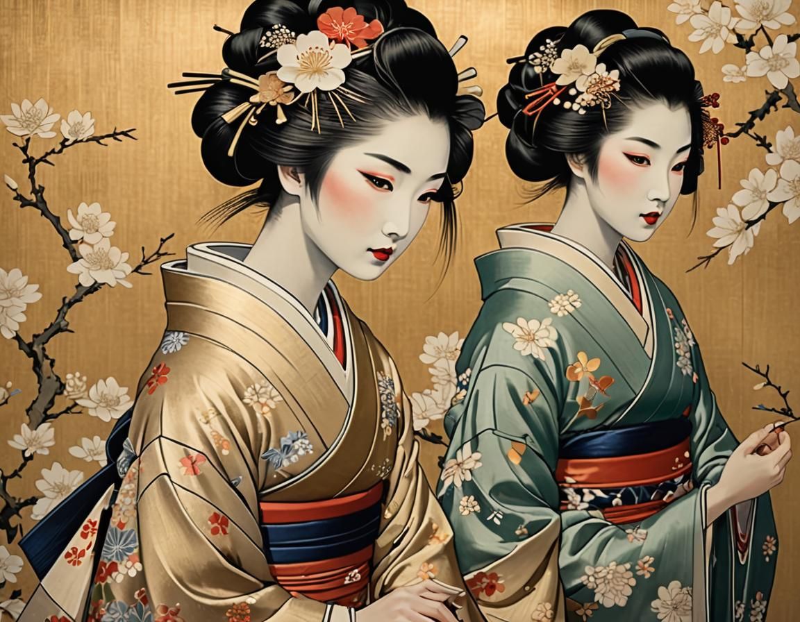 Geisha in Kimono: An Ukiyo-e Style Portrait