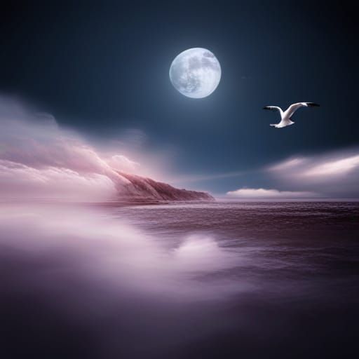 Seagull in Flight Under Bloody Moonlit Storm