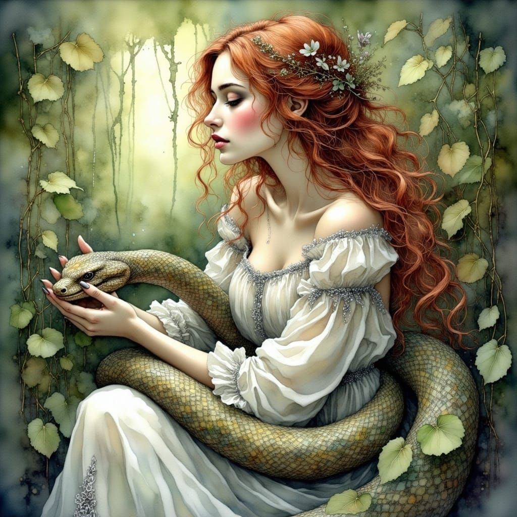 Enchanted Yin Wood Snake Embraces Auburn-Haired Woman in Whi...