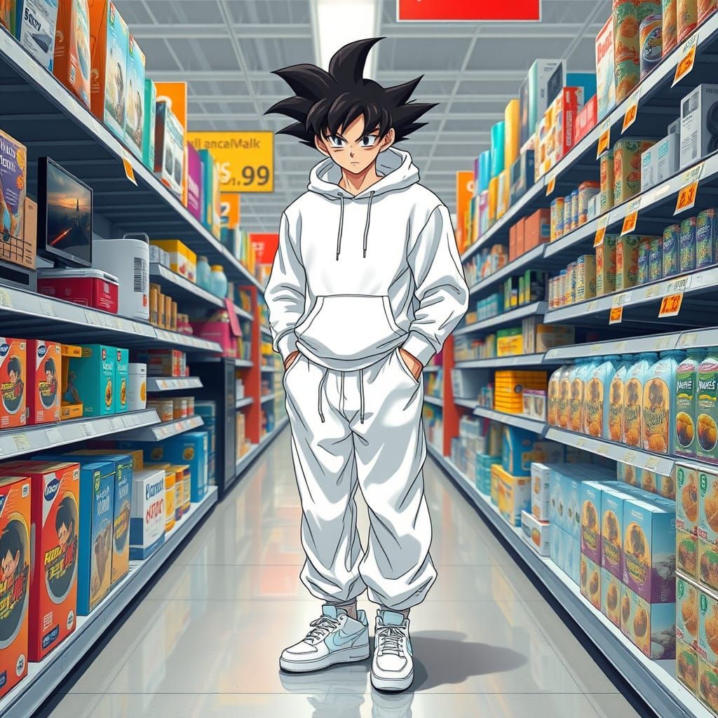 Goku in a Walmart Shopping Aisle, Blending Anime and Suburba...