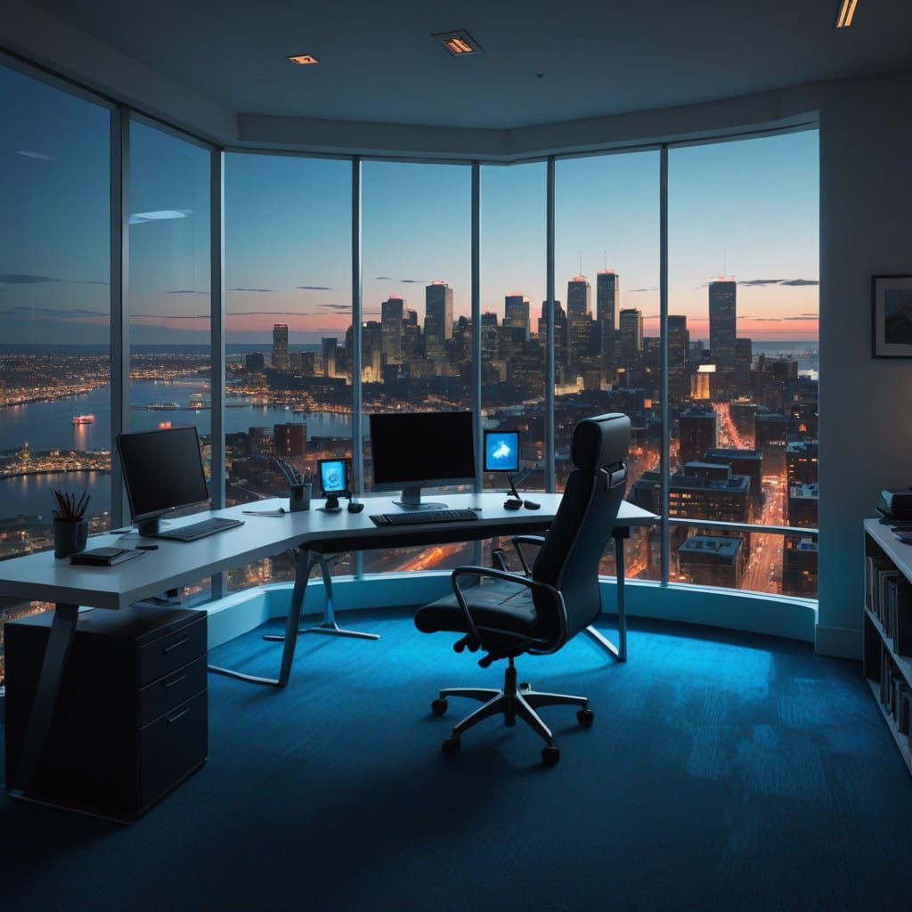 Sleek Modern Office with Panoramic Boston Night View in Cybe...