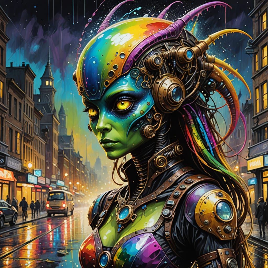 Steampunk Xenomorph in Rainbow Dress: Oil on Canvas