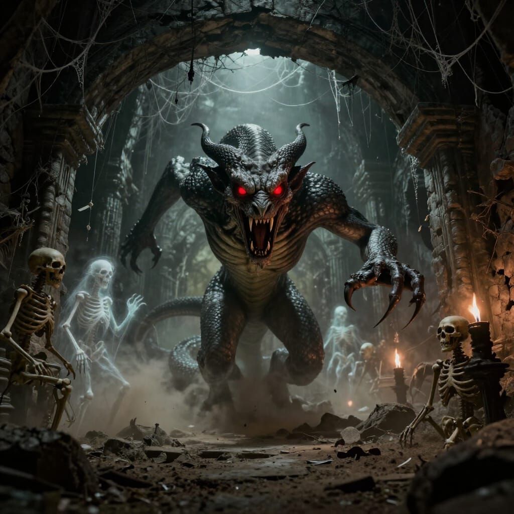 Monstrous Snake Demon Chases Viewer into Ghostly Tomb
