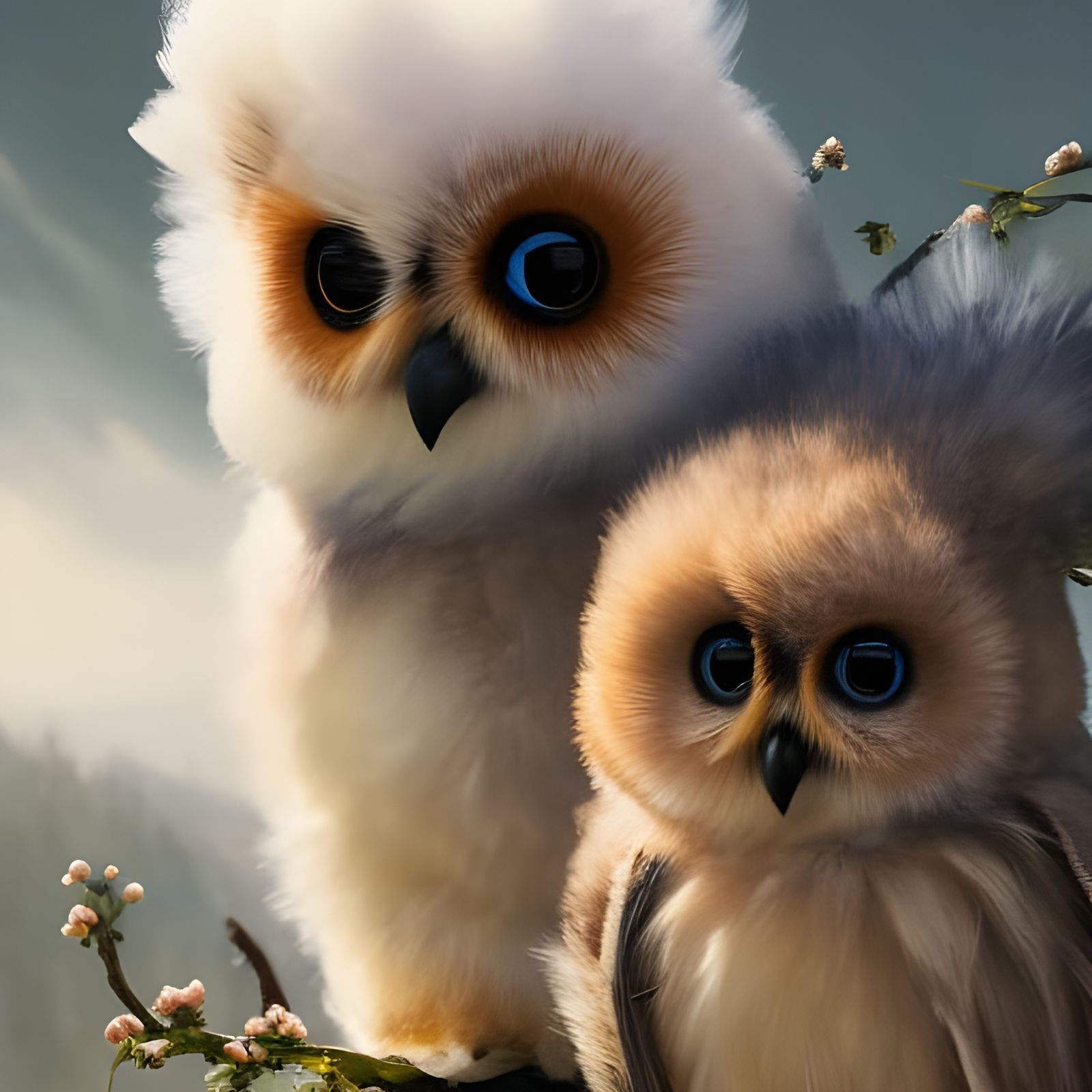 Adorable Fluffy Owls in Winter Forest, Digital Art