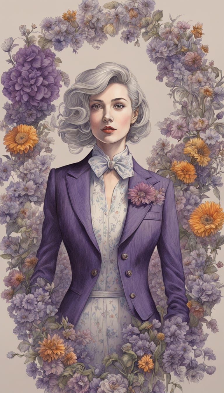 Professional Woman in Floral Suit, Colored Pencil Drawing