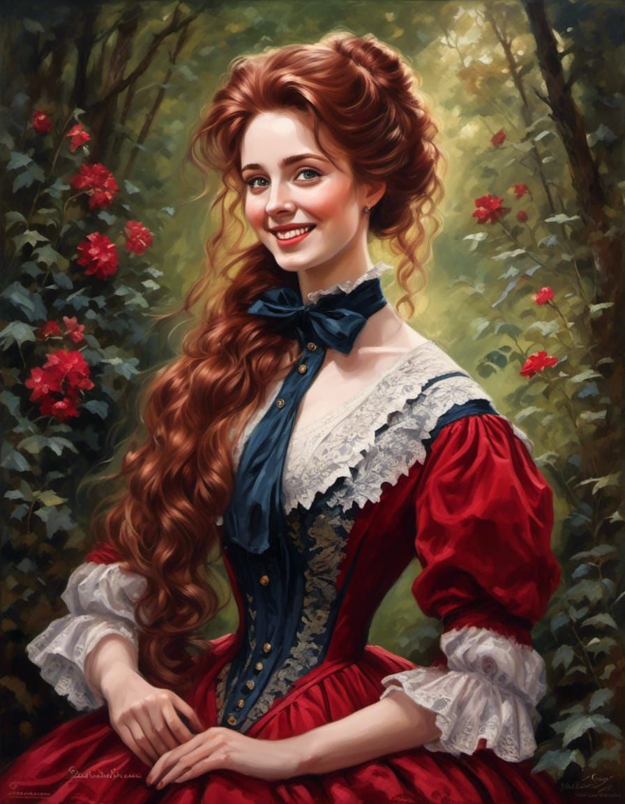 Victorian Woman in Red Velvet Dress Portrait