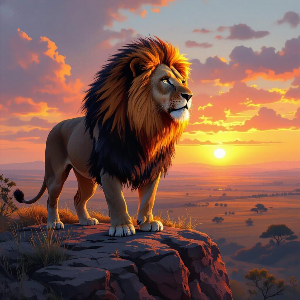 Fiery Lion Overlooking Savanna Sunset
