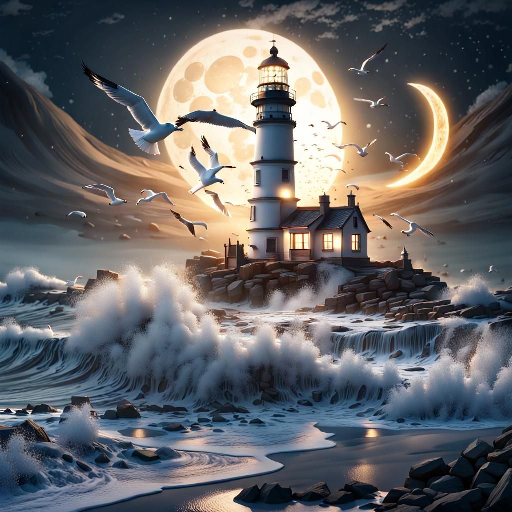 Lighthouse at Night: Serene Coastal Scene in 8K