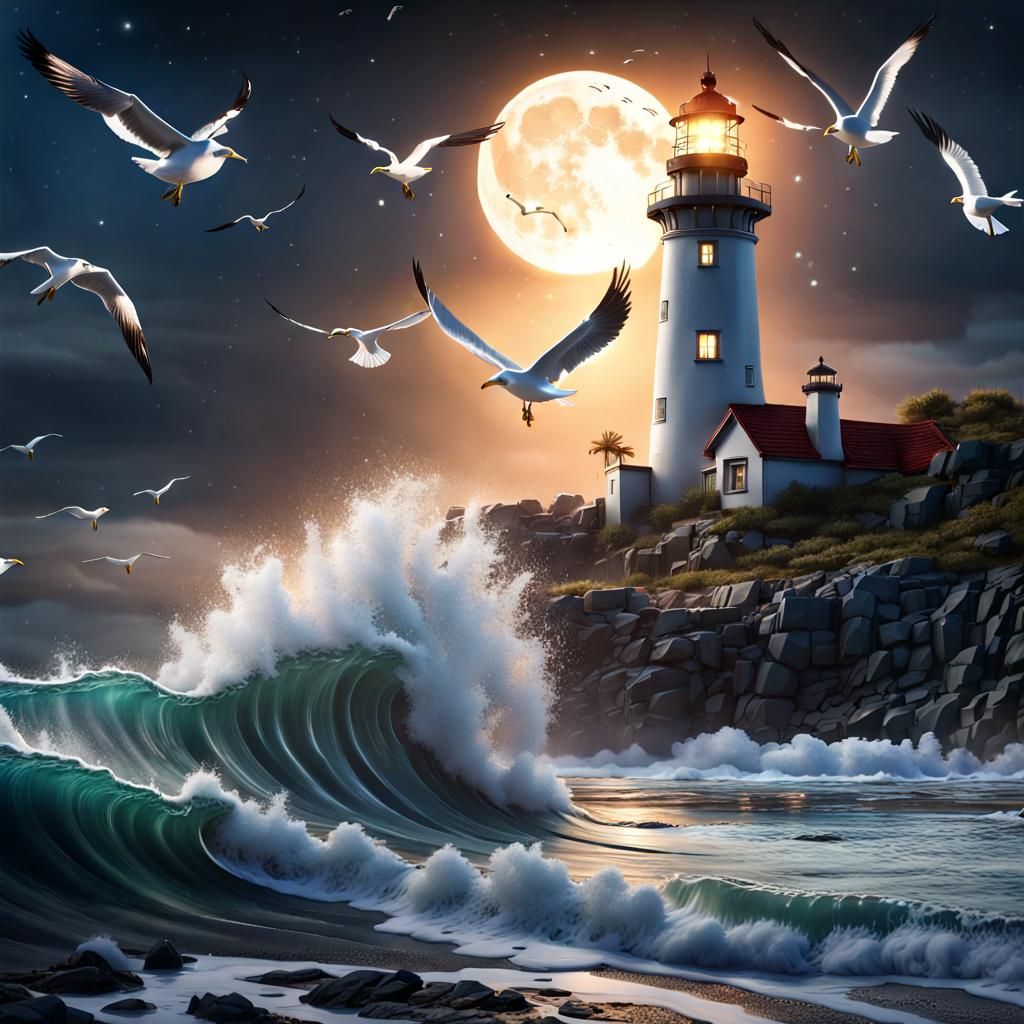 Moonlit Lighthouse Scene in Detailed Fantasy Art
