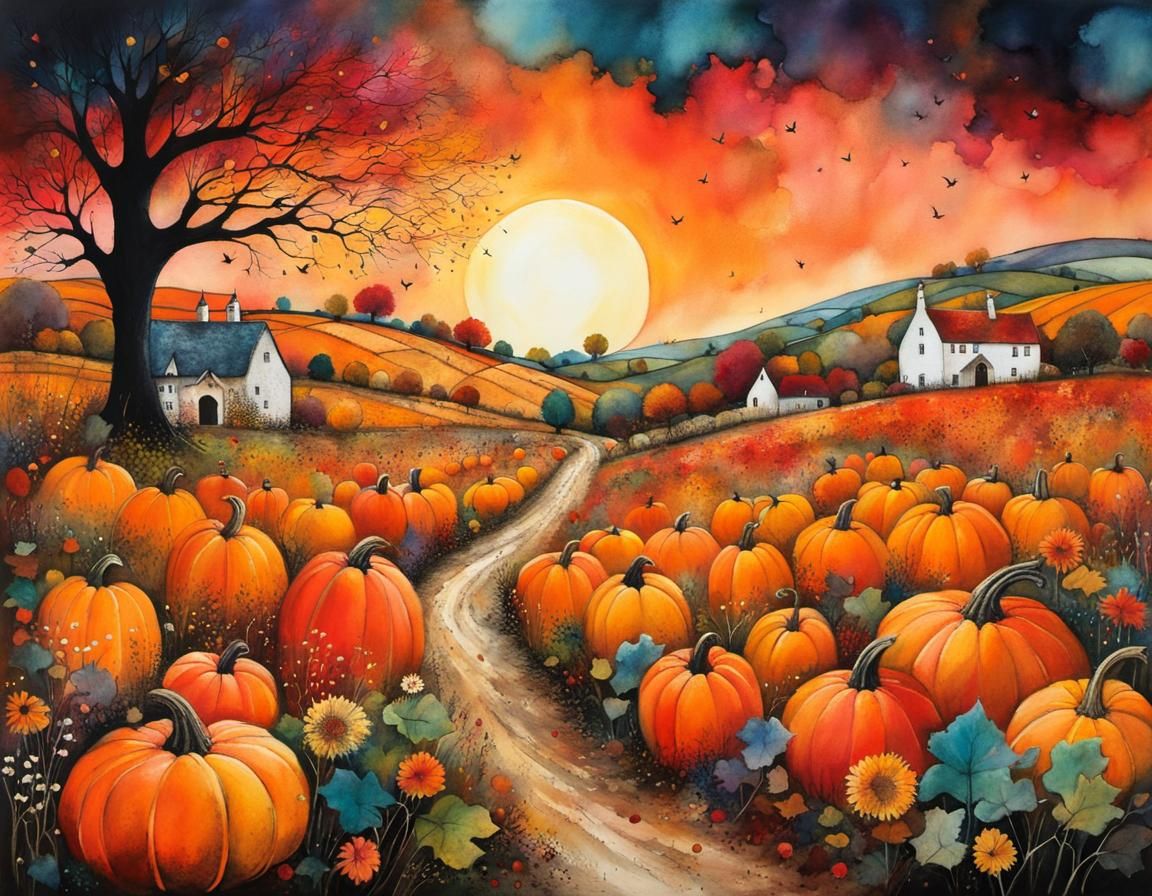 Magical Autumn Garden and Pumpkin Patch Illustration