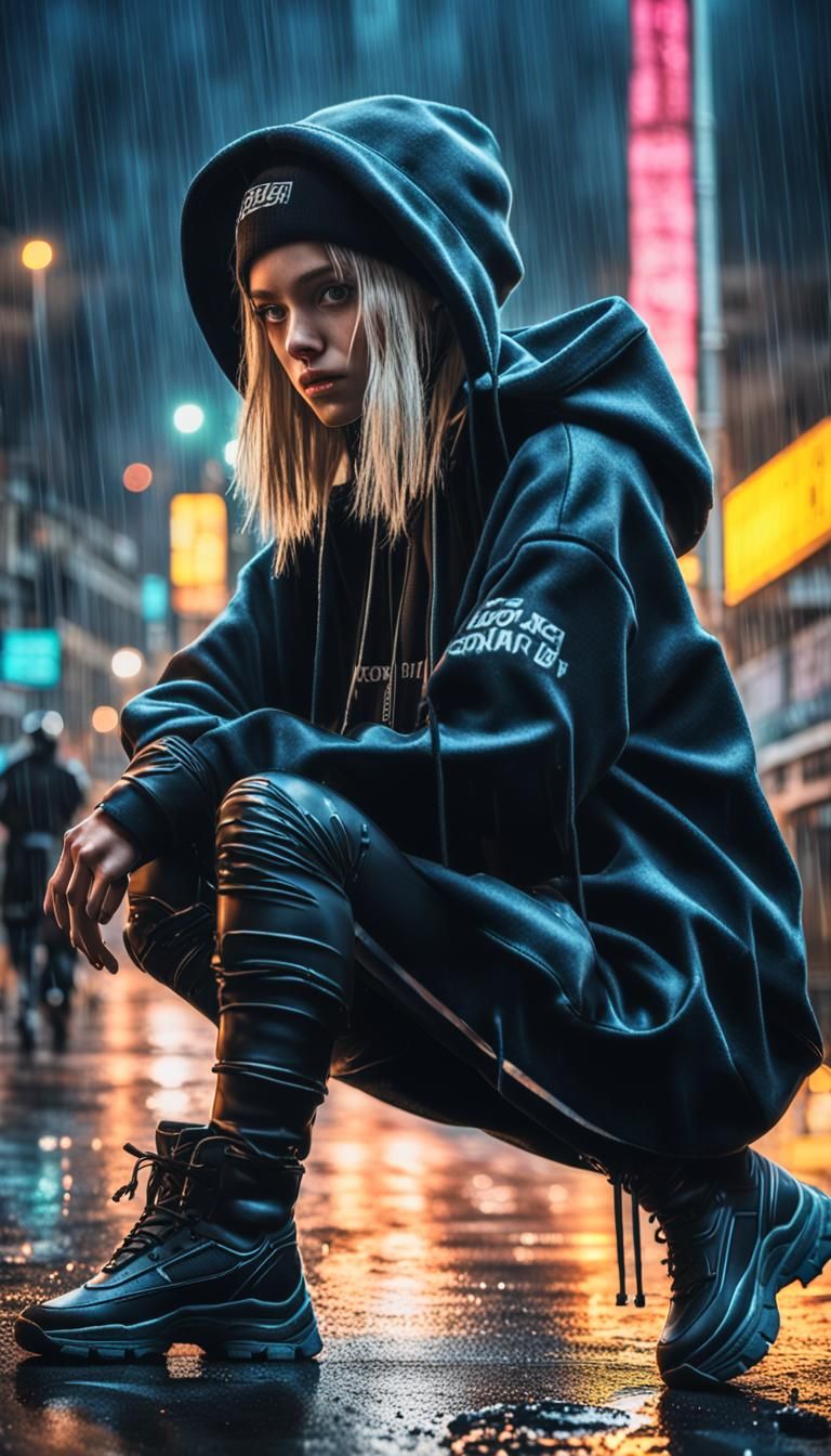 Cyberpunk Girl Squatting in Rainy Street