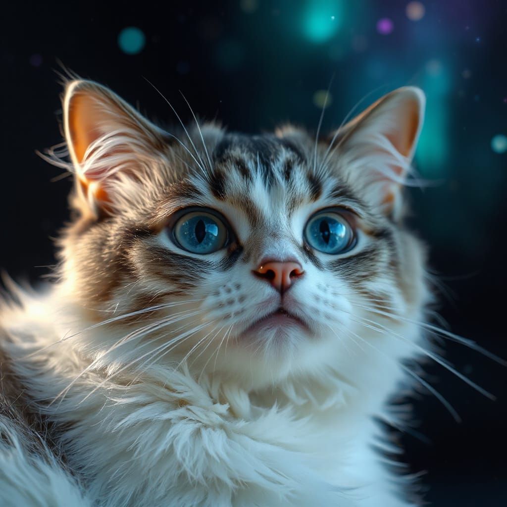 Ethereal Cat Portrait with Bioluminescent Night Sky