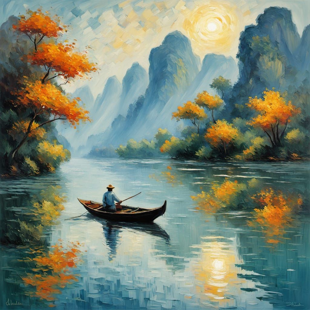 Misty Sampan Boat on Li River in Vibrant Neo-Impressionist S...