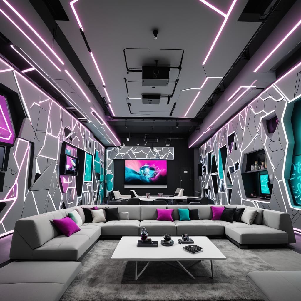 Futuristic Entertainment Room with Interactive Art, Cinemati...