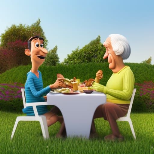 Elderly Couple's Sunny Garden Breakfast in Pixar Style